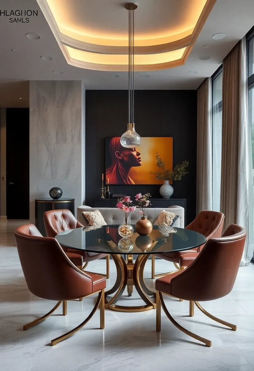 Elegant curved-back chairs with tufted leather detailing paired with a‍ glass-topped table⁤ supported by sculptural bronze legs