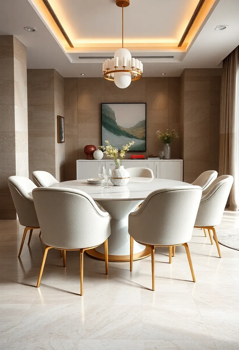 Contemporary dining chairs⁤ with gentle curves and slender gold accents sit around a white marble dining table for⁤ a chic aesthetic