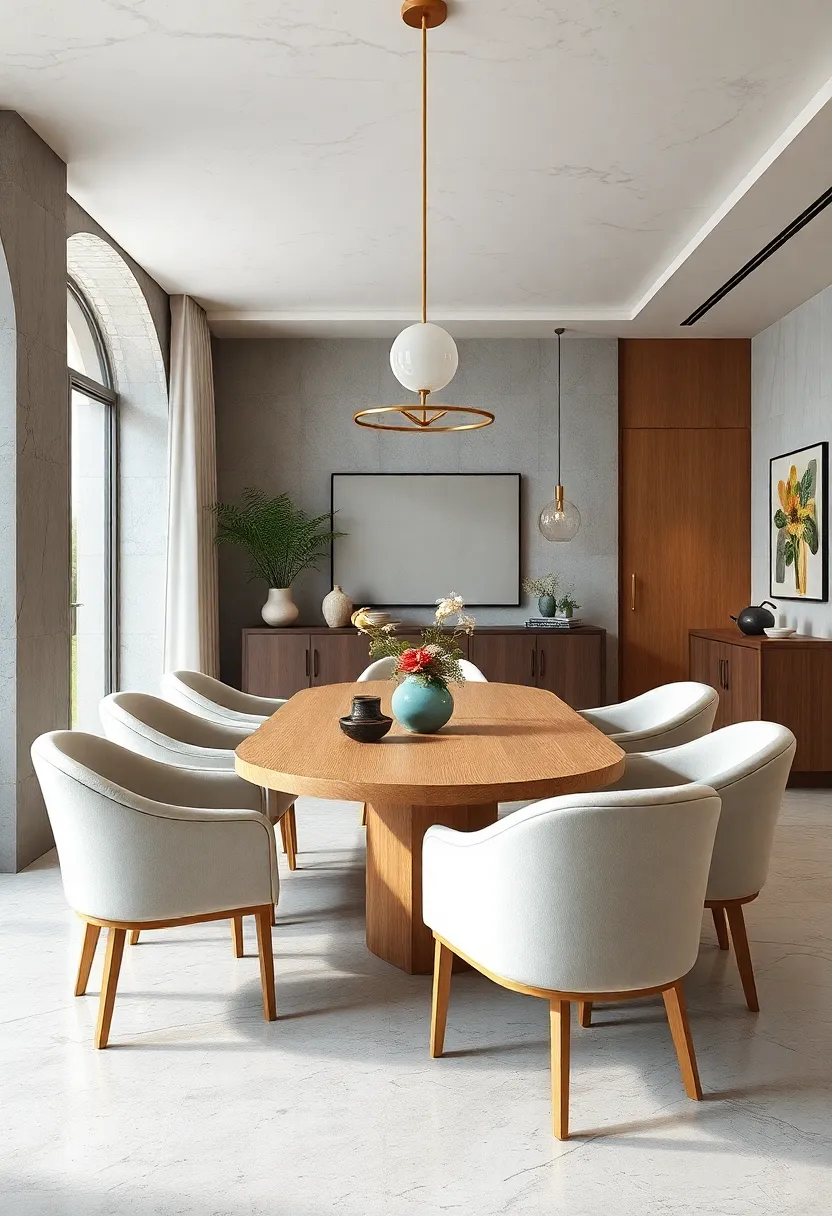Soft pastel-toned curved chairs encircle a light oak dining table, creating a calming yet refined atmosphere