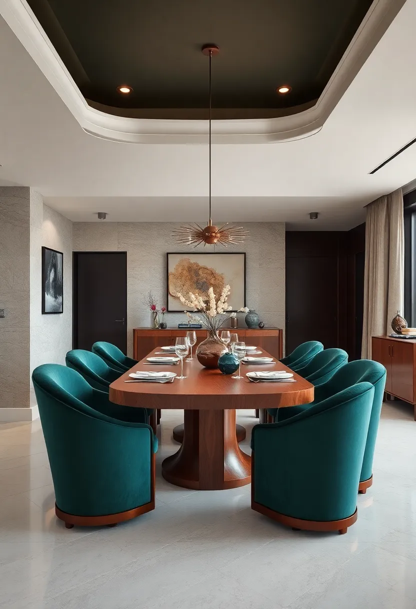 Plush, rounded dining chairs upholstered in deep emerald velvet complement a rich walnut wood oblong table