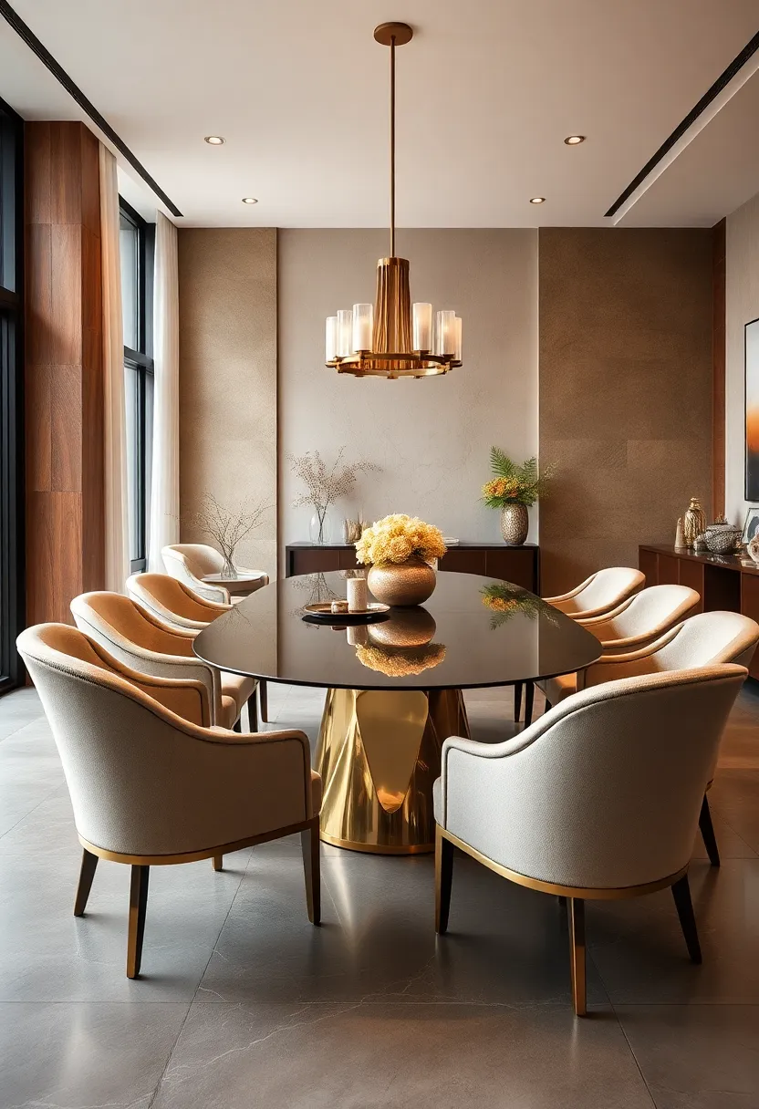 A statement dining set where art‌ deco-inspired curved chairs with ‌brass accents meet a sleek oval tabletop, exuding timeless glamour