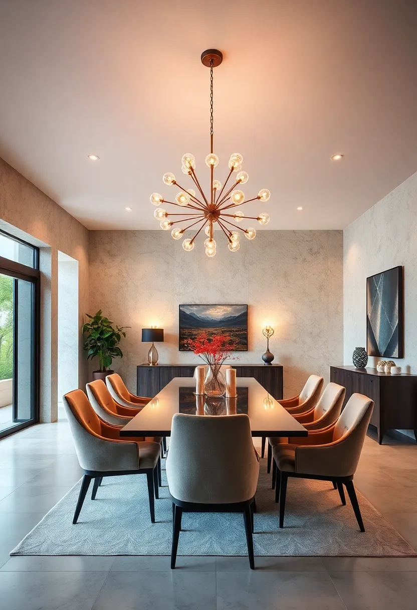 An ⁣elegant mid-century modern dining room featuring a vintage Sputnik​ chandelier that adds captivating geometric⁣ flair and warm ‌glow
