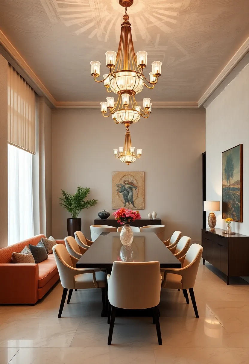 A minimalist dining room showcasing‌ a‍ restored Art⁣ Deco chandelier, bringing vintage glamour to clean lines and ​neutral tones