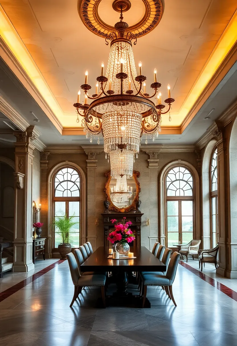 An opulent Renaissance revival dining hall highlighted by a majestic crystal and bronze chandelier, evoking old-world grandeur