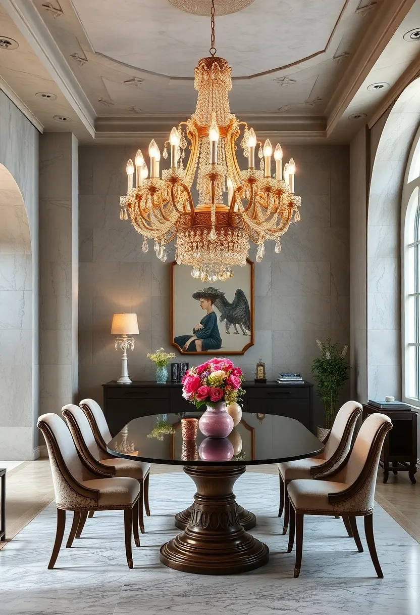 A Parisian-style⁣ dining⁣ space showcasing a delicate rococo chandelier with pastel-colored crystals and intricate ⁤carvings