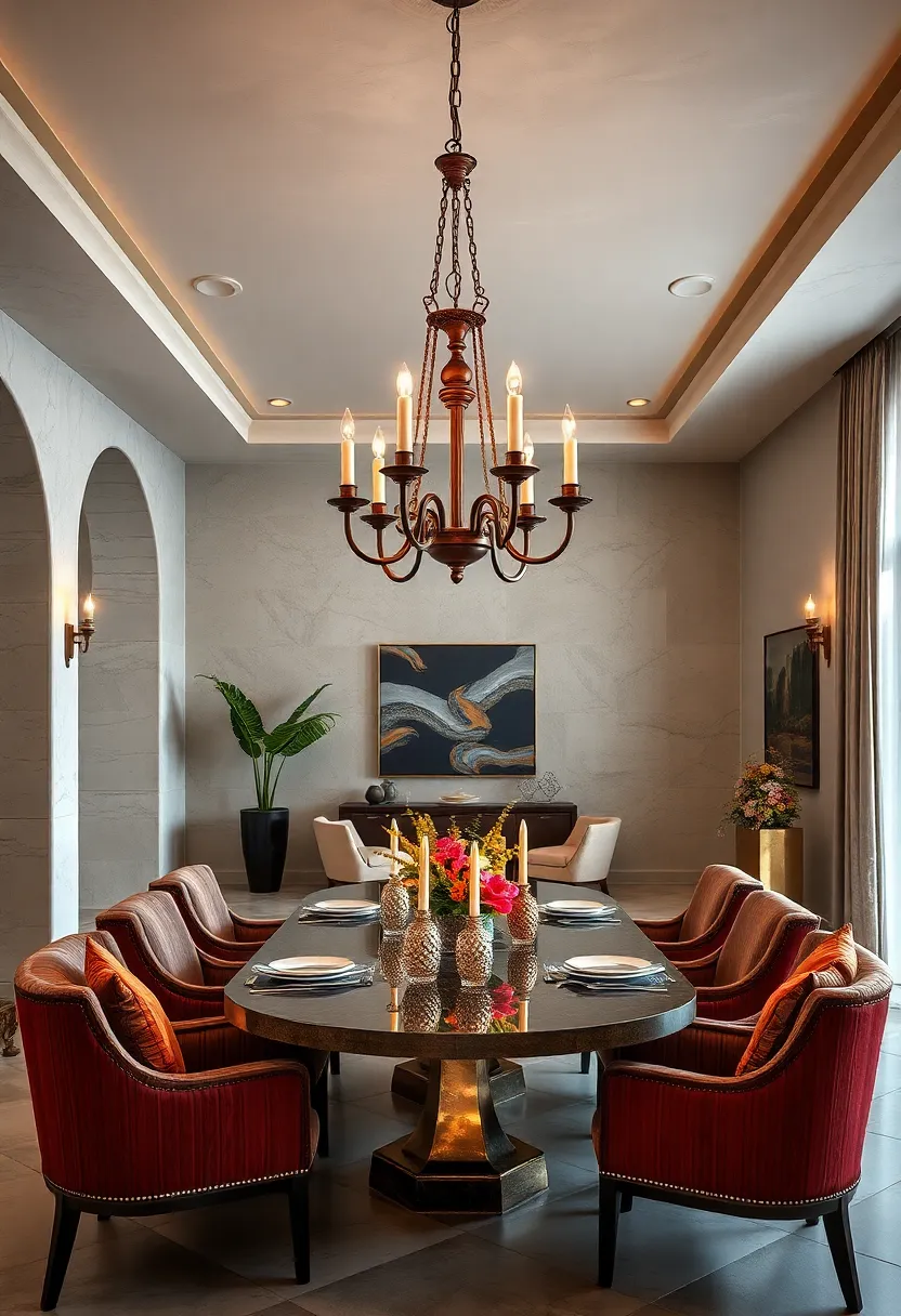 An eclectic dining room‌ mixing modern furnishings ⁤with a mid-19th-century candle chandelier, creating an intriguing juxtaposition