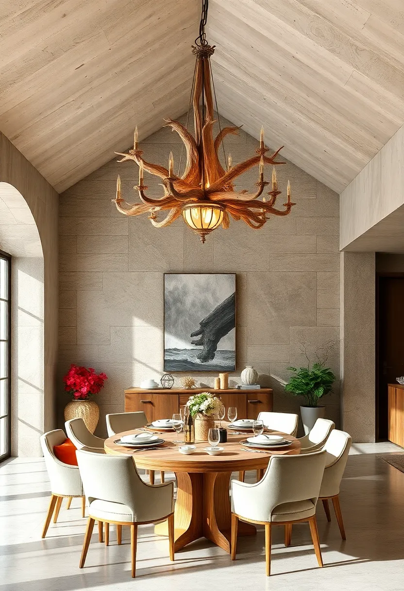 A coastal-themed dining space featuring a driftwood chandelier with vintage⁢ lantern accents, blending ⁣natural ⁢elements with nostalgic​ charm