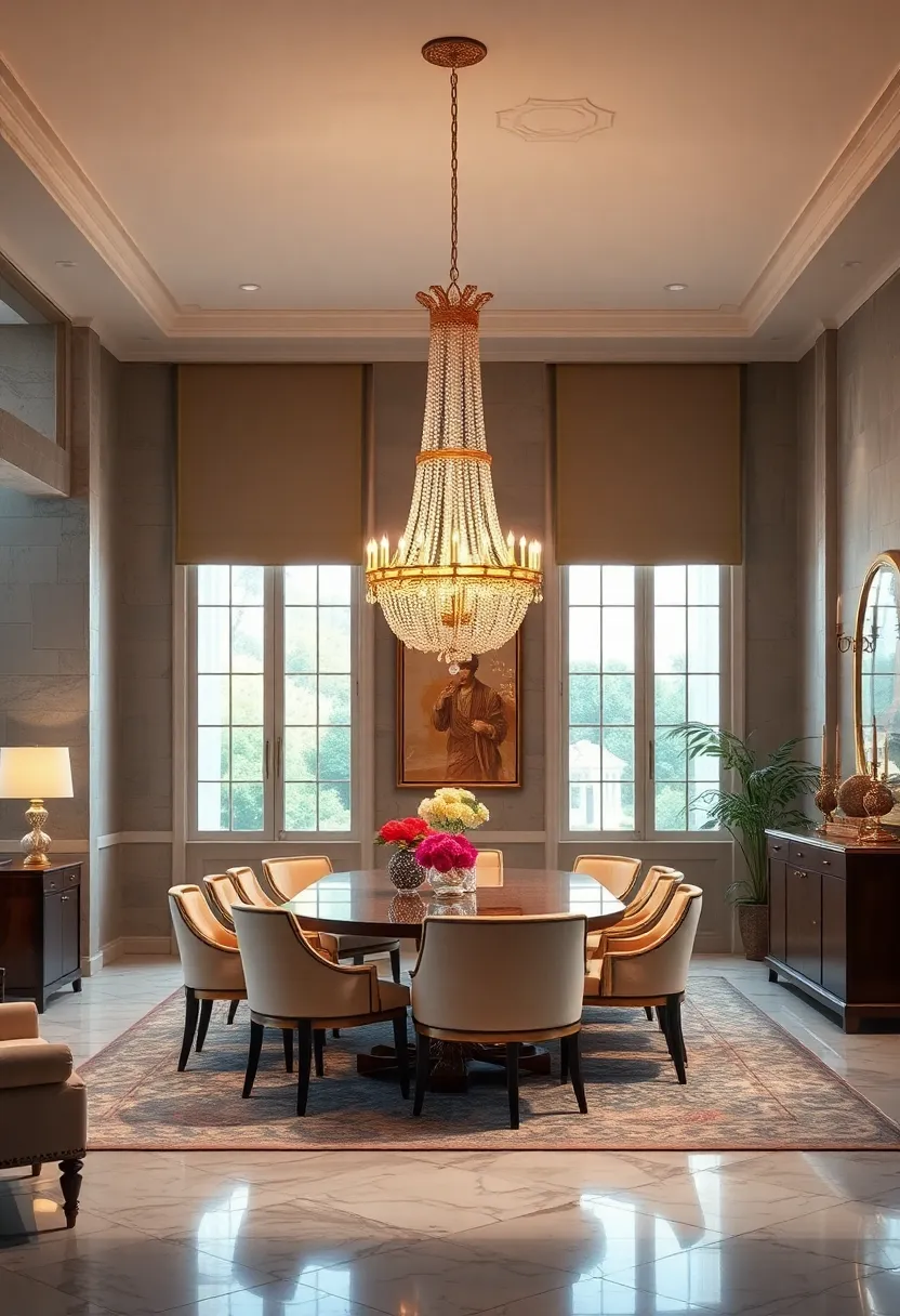 A vintage Hollywood Regency dining room accented by a dramatic‍ crystal chandelier with gold leaf details, adding cinematic glamour