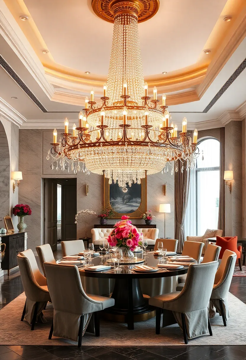 A grand ballroom dining setup featuring a monumental multi-tiered vintage chandelier dripping with‌ prisms and⁣ history