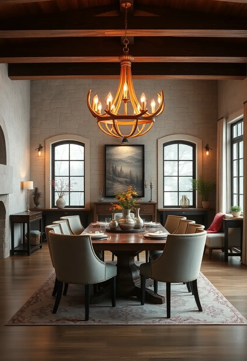 A⁢ cozy cabin dining room ⁢brightened​ by a rustic antler chandelier with vintage metallic ‍finishes for‌ rugged sophistication