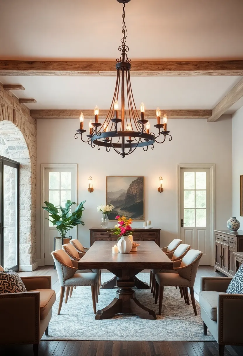 A rustic ⁣farmhouse dining area enhanced by ⁤an antique wrought-iron chandelier,⁣ perfectly complementing weathered​ wood ⁤and cozy textiles