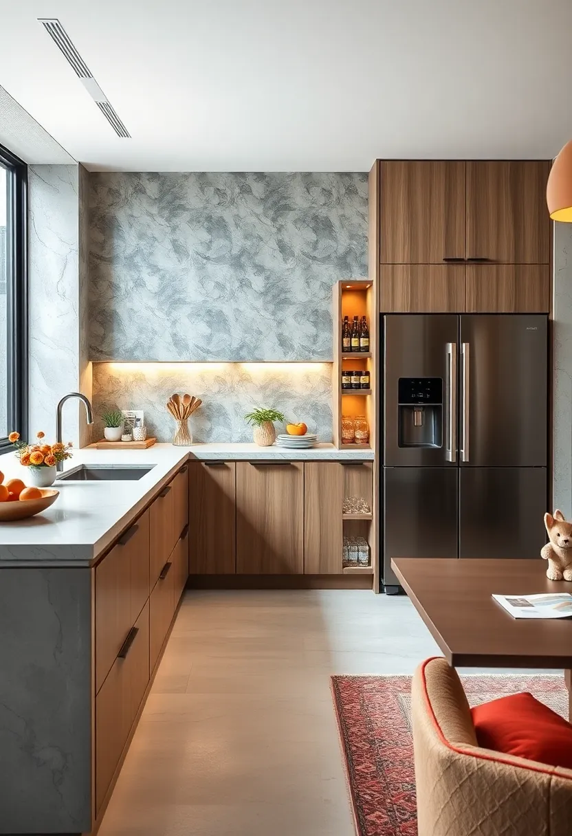 Hidden ‌spice racks‌ integrated into narrow vertical panels beside the⁤ fridge