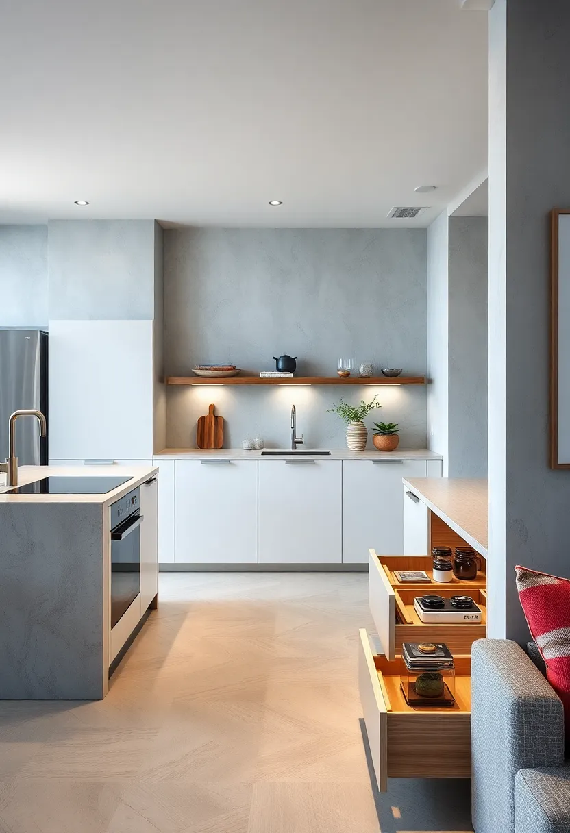 Countertop recessed storage trays that can be covered, keeping essentials handy yet out of sight