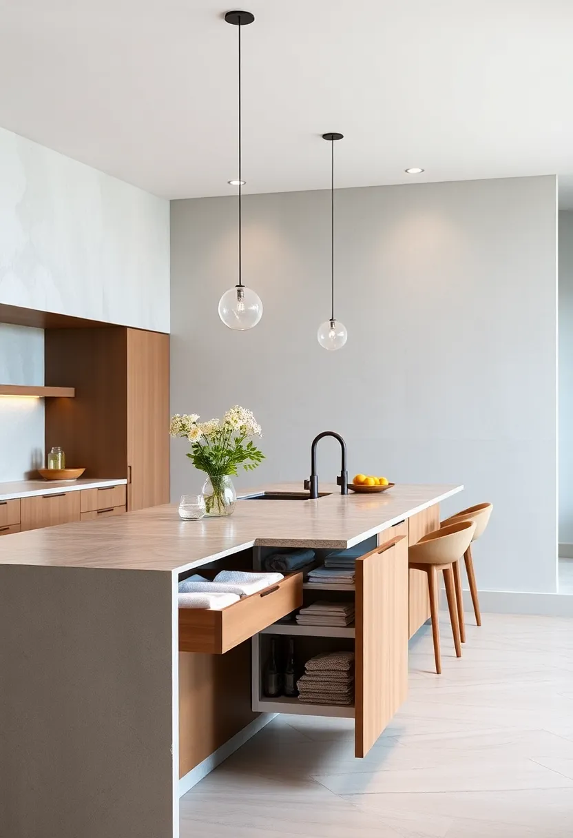 Slim ⁢pull-out drawers for⁤ kitchen linens ​and towels integrated within island cabinetry