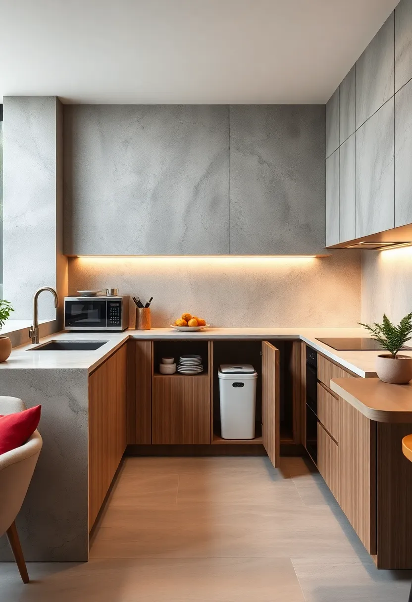 Built-in recycling bins concealed behind cabinet fronts with soft-close doors