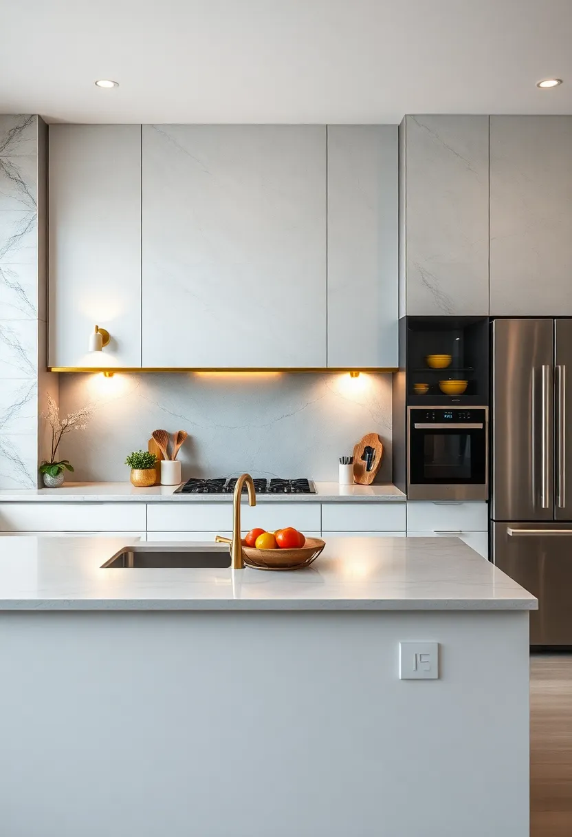 An all-glass backsplash ​illuminated by brass sconces introduces ⁢a modern twist on classic metallic accents