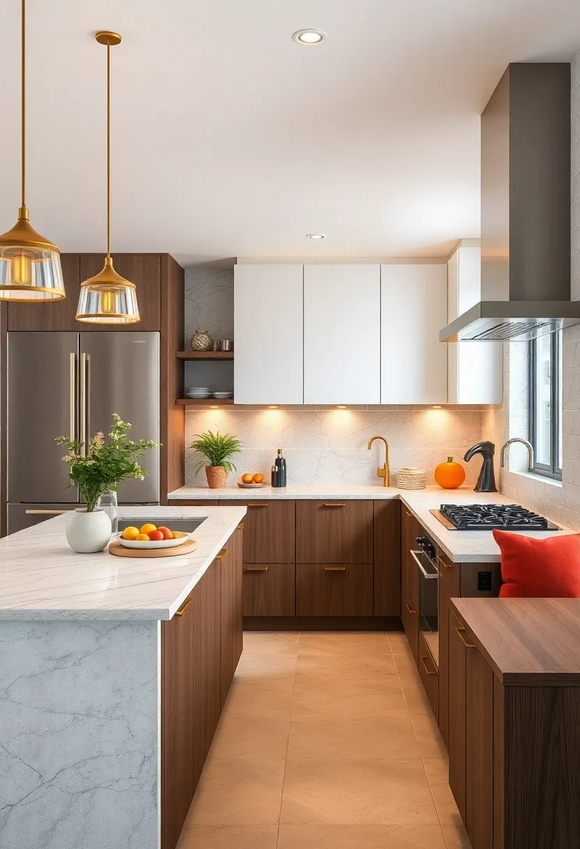 Brass rail lighting under upper cabinets adds functional and ‌decorative illumination to modern ⁢kitchens