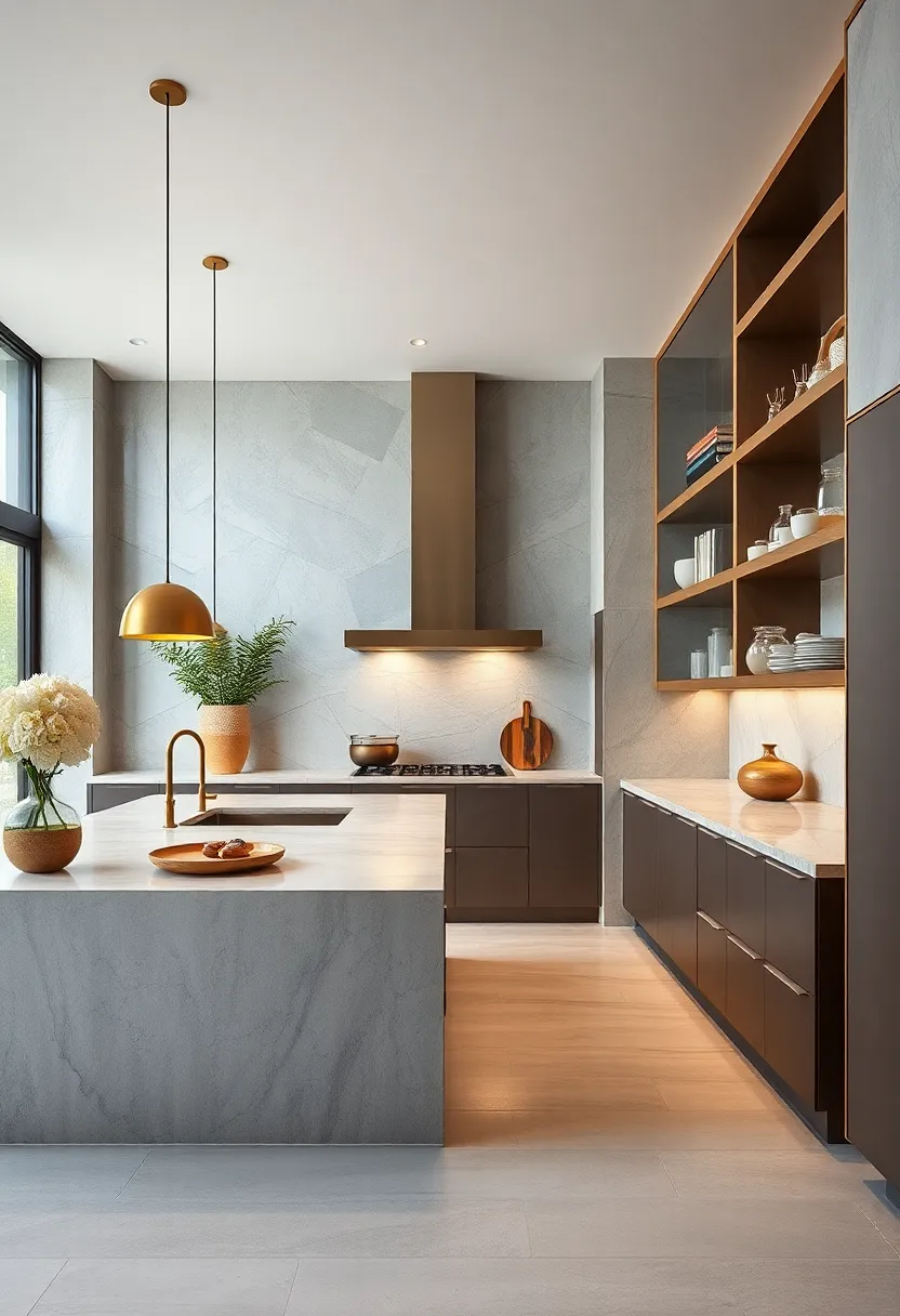 Brass-edged shelving units create architectural interest while providing practical storage solutions