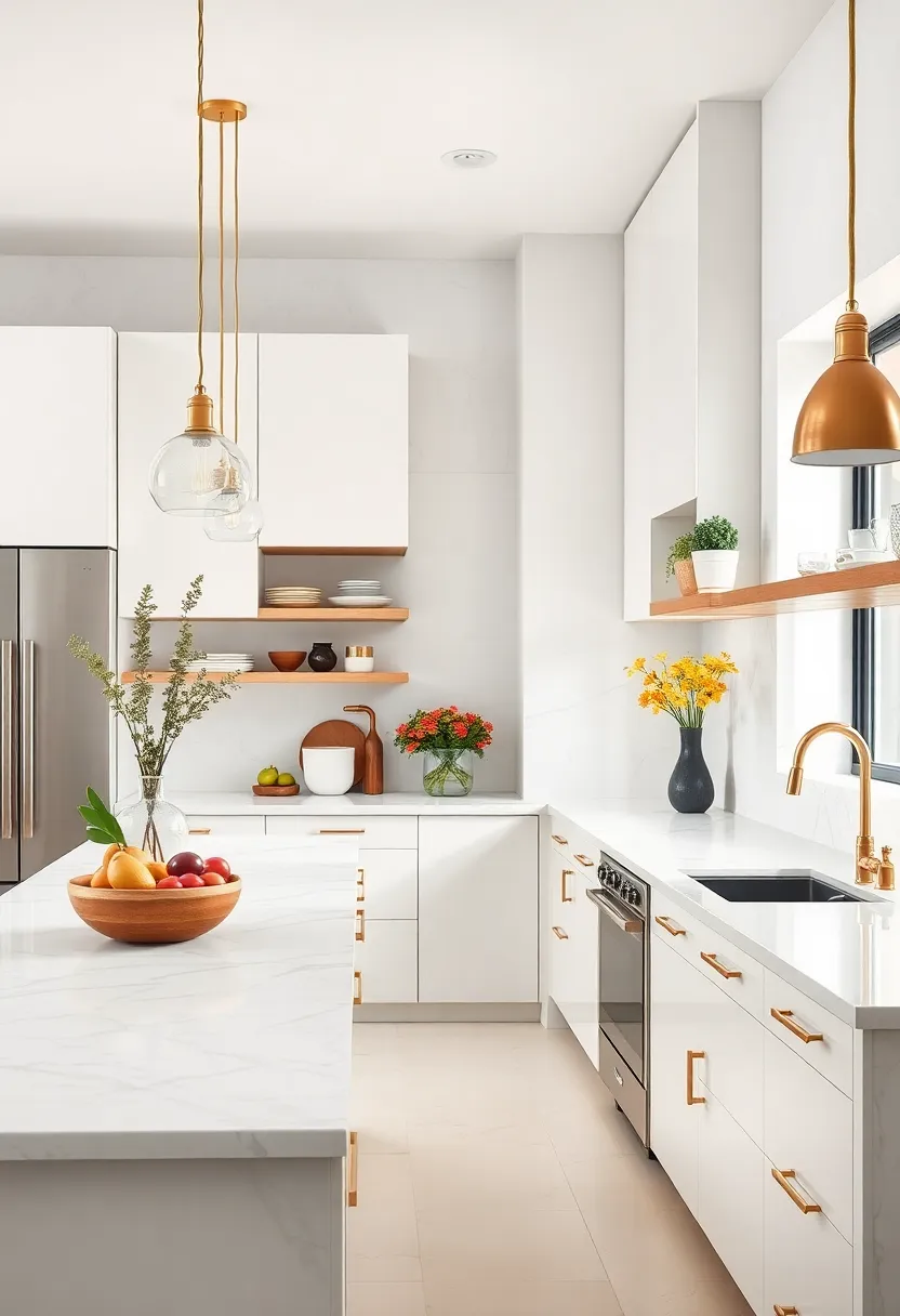 A bright, airy space with white marble countertops accented by ‌brass light fixtures and drawer pulls ‌adds subtle opulence