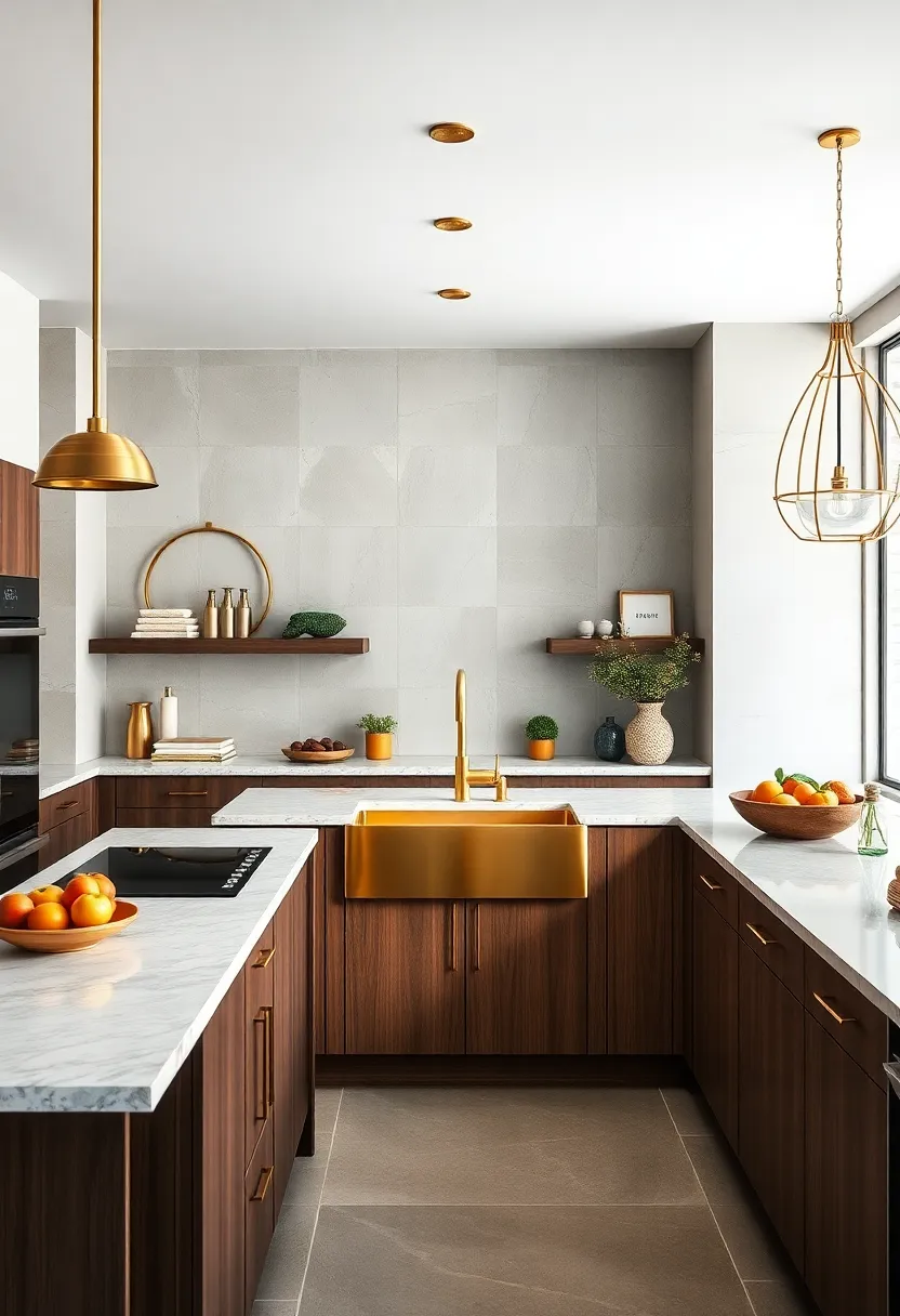 A ‍centralized brass farmhouse sink‍ anchor the kitchen, blending rustic charm with modern sophistication