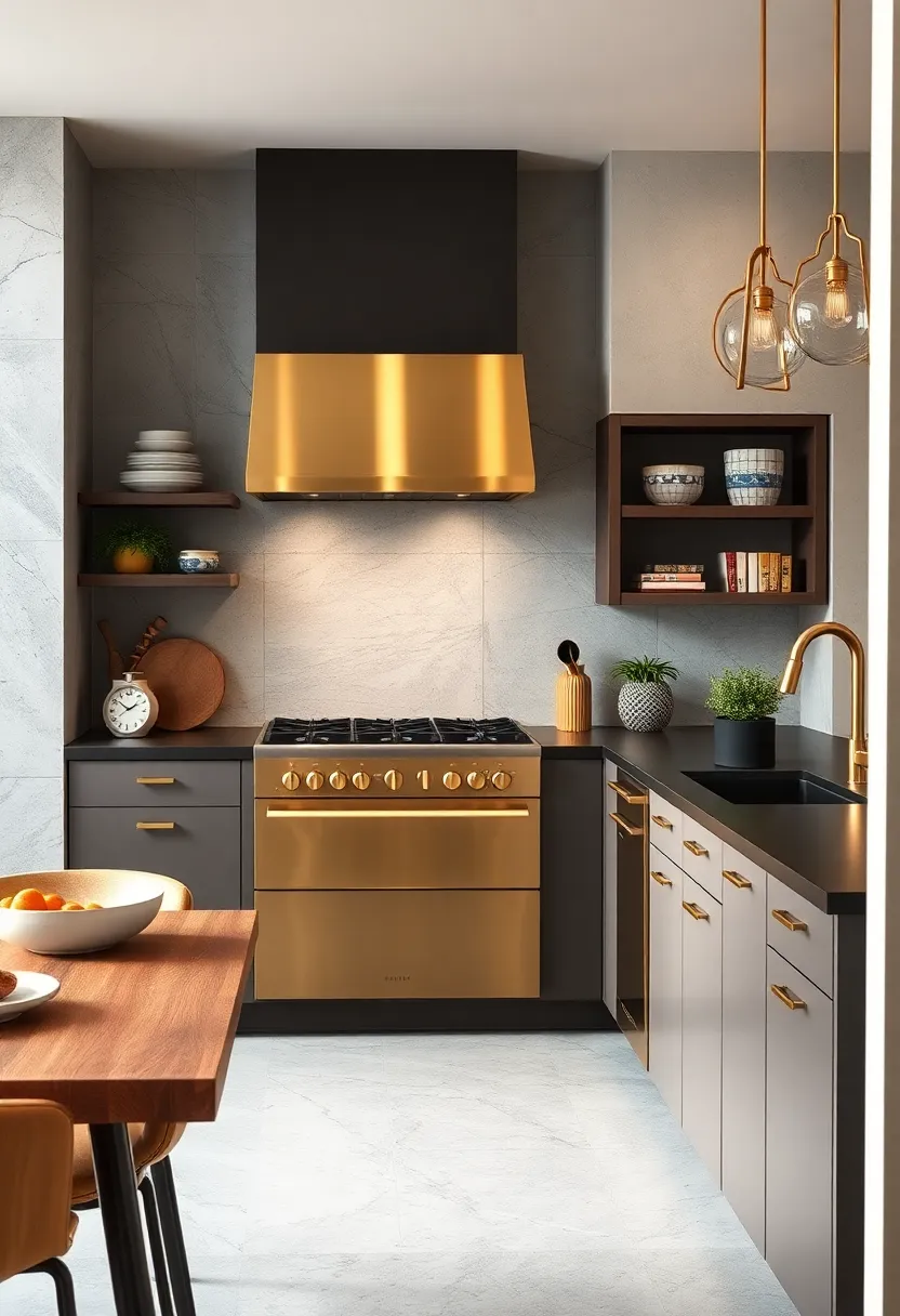 Contrasting textures come alive when brushed ⁤brass appliances ⁢complement matte black stone countertops