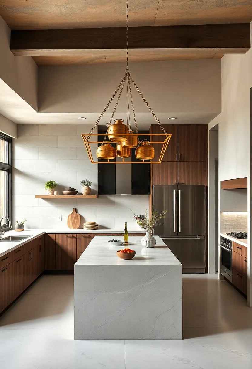 An elegant brass ⁣pot ​rack ​suspended above a kitchen island combines utility with artistic appeal