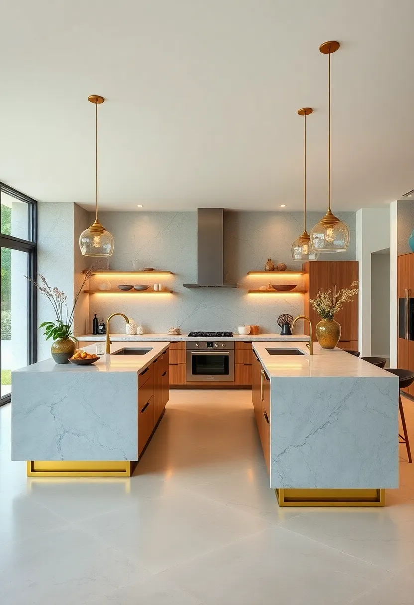 Floating kitchen islands with brass base frames combine functionality with captivating design flair