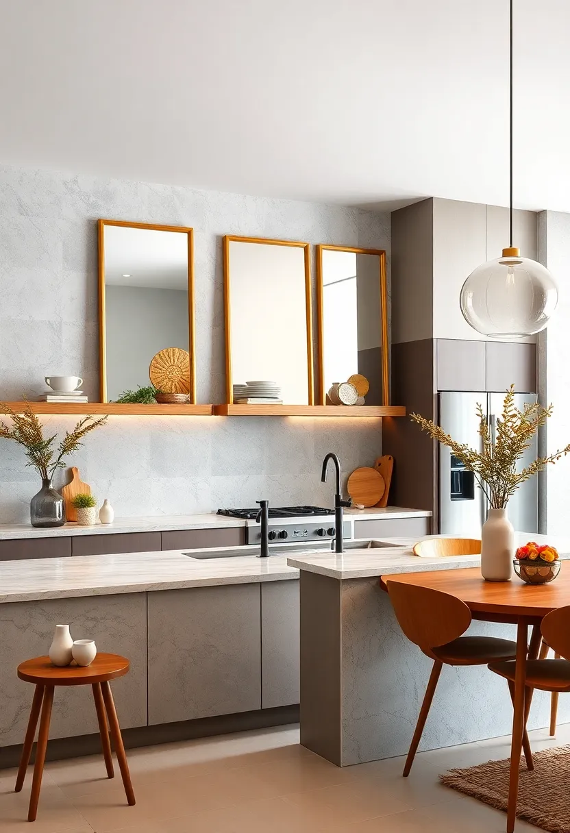 Framed mirrors with brass edging installed ⁢above the kitchen counter visually expand spaces with reflective charm