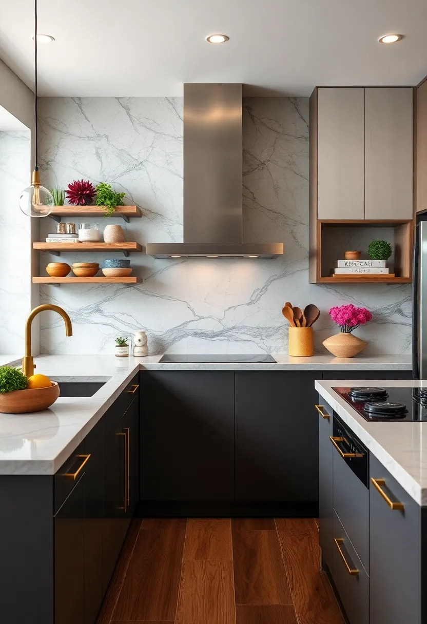 A⁢ glossy backsplash in jewel tones paired with brass hardware‌ adds color and luxury to minimalist kitchens