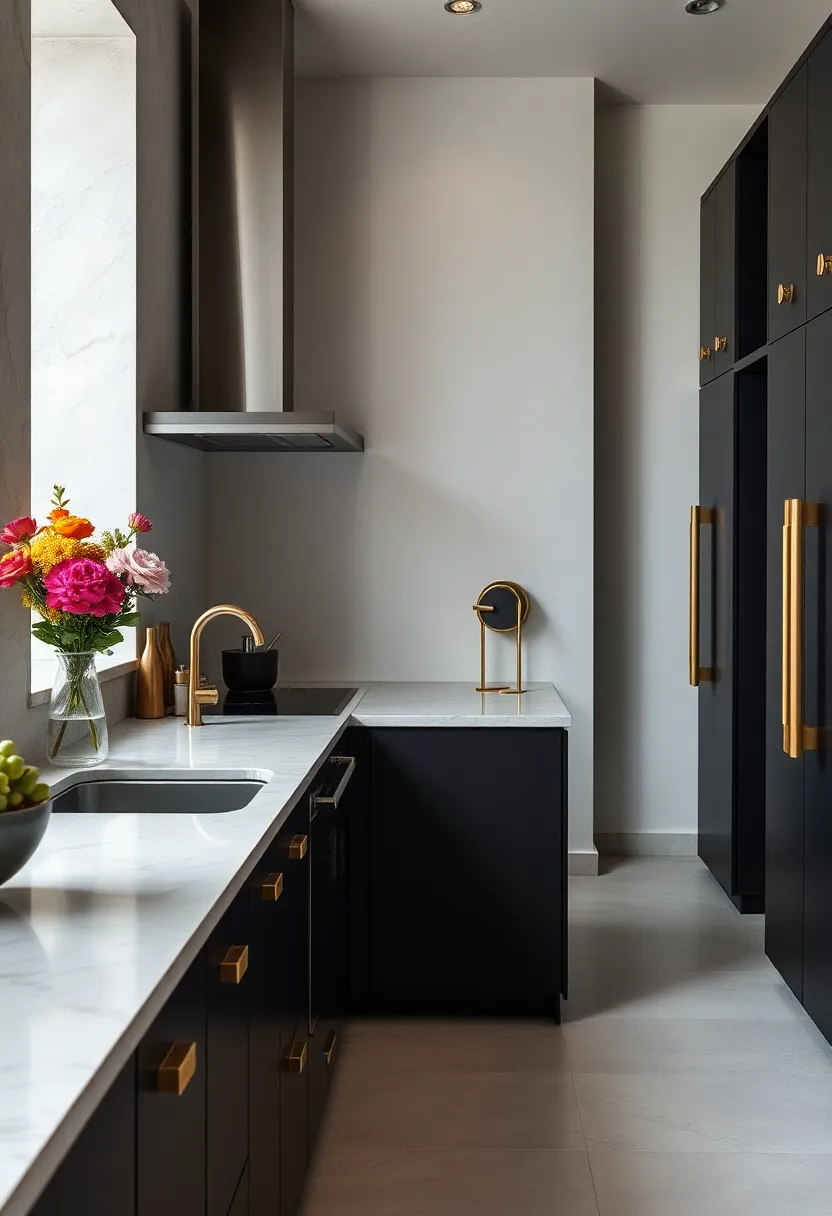 monochrome kitchens gain dimension‍ through the ​addition of gleaming brass accents on knobs and hinges