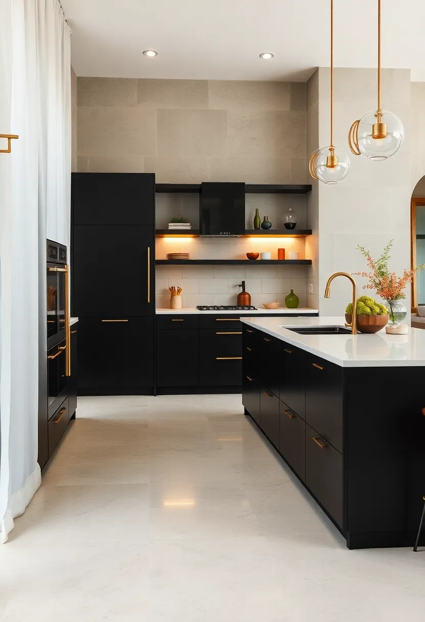 Sleek minimalism meets ⁣brass warmth in a streamlined kitchen featuring matte black cabinetry paired with brass handles and fixtures