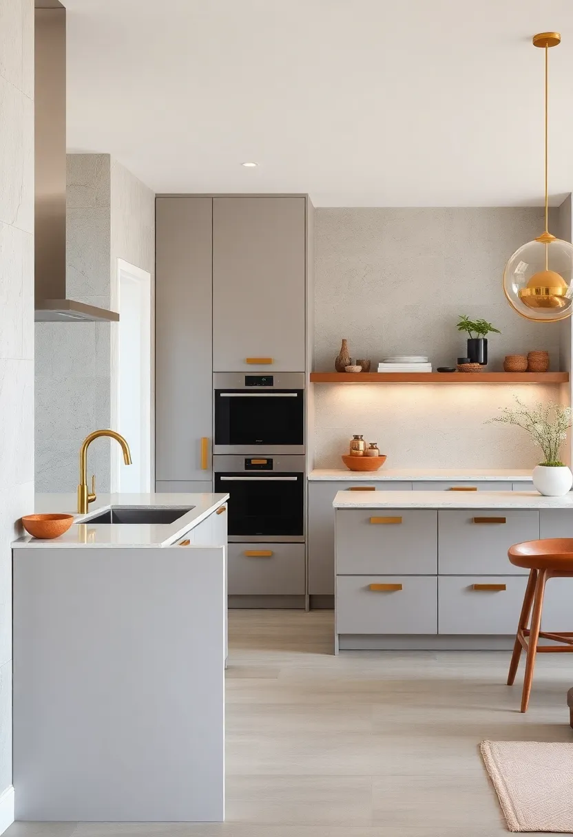 Sleek cabinetry with flush brass inset handles offers​ a modern, seamless appearance