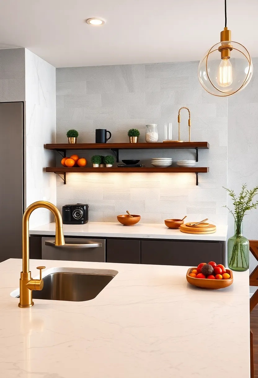 Sleek brass ⁣faucets paired with undermount sinks emphasize clean lines in ⁤an urban kitchen setting