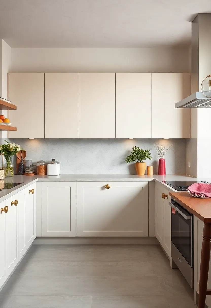 Statement brass knobs on‌ pastel-colored cabinets inject personality and a ‌touch of glamour into soft modern kitchens