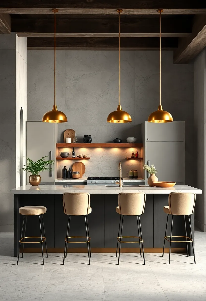 An upscale kitchen bar ‍highlighted by brass pendant lights and ‌matching ‌stools sets the scene for elegant entertaining