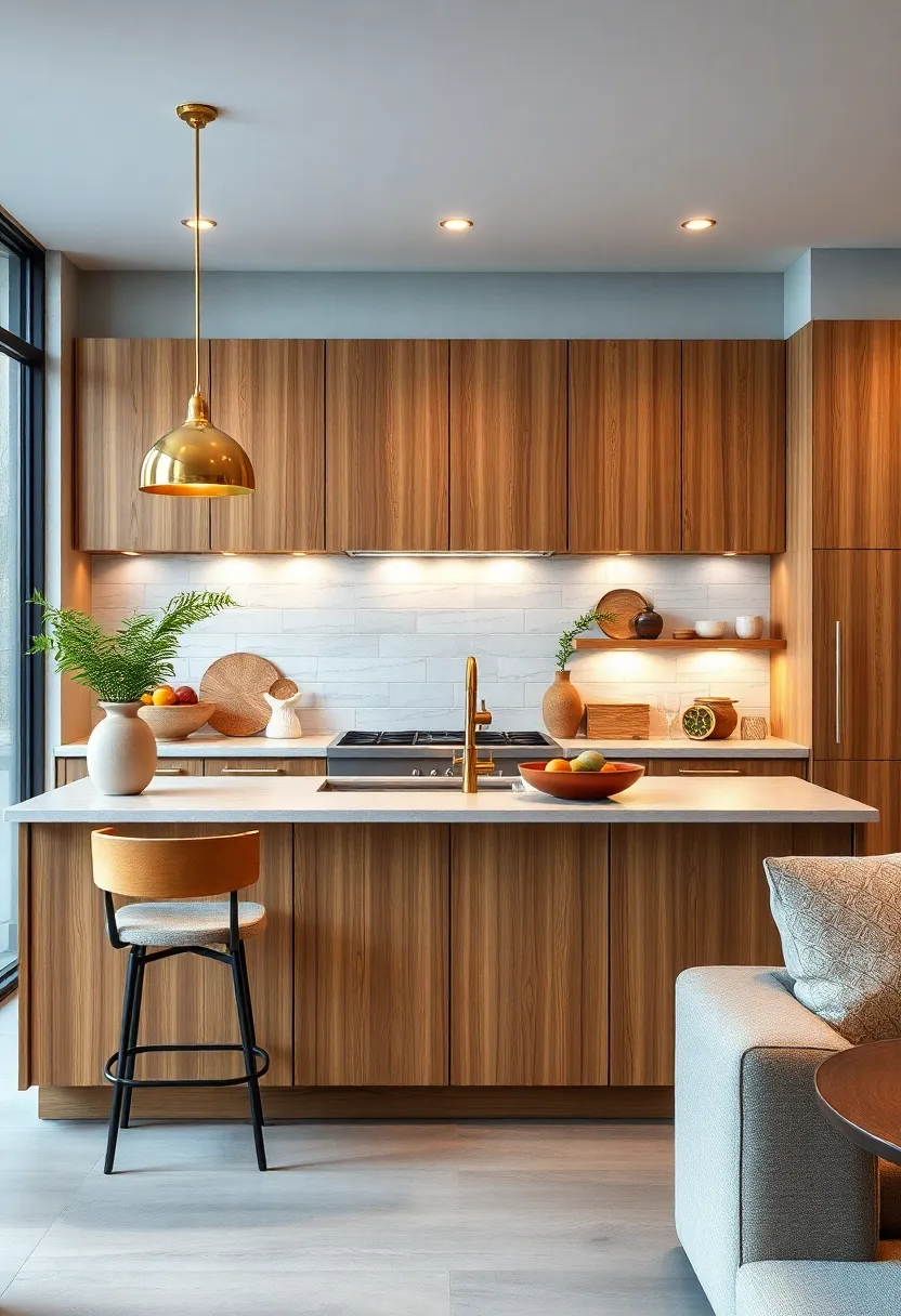 A warm palette of natural woods enhanced by antique brass ⁢pulls creates an inviting, lived-in feel