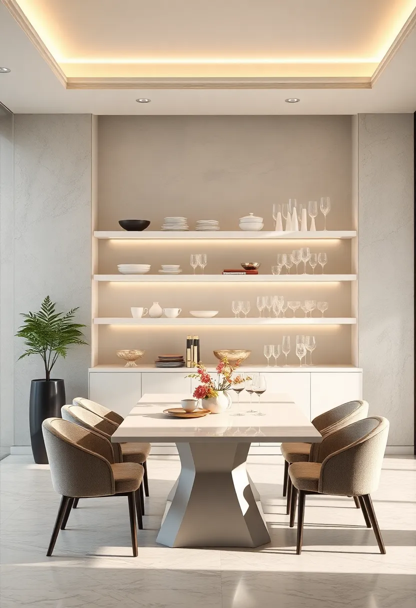 Sleek minimalist ‌dining room with white floating ⁤shelves displaying fine china and crystal glassware