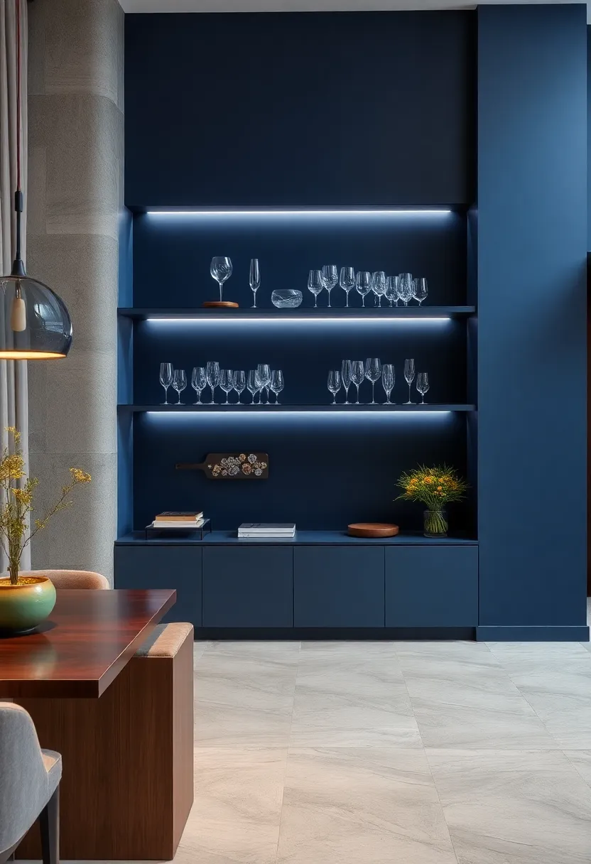 High-gloss lacquered floating shelves in‌ a deep navy blue dining⁤ room, presenting a curated display of designer glassware