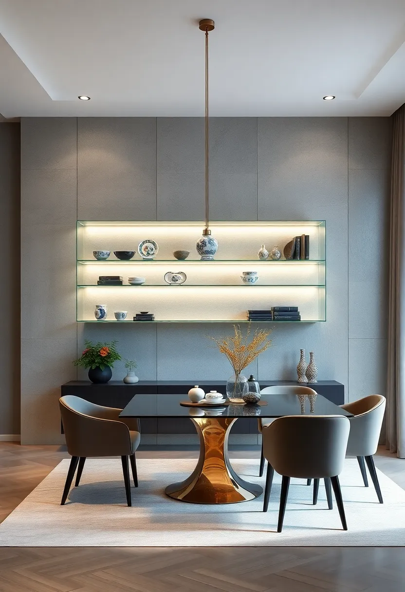 Glass floating shelves illuminated by soft LED ‌lighting, highlighting delicate vintage porcelain collections