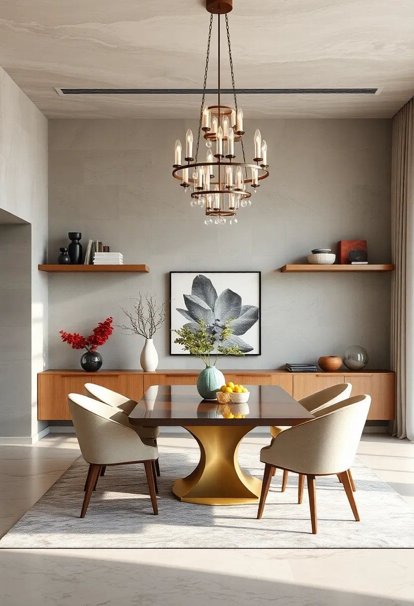 Combining floating shelves with a statement chandelier for a dramatic focal⁢ point in ‍a modern luxe dining setting
