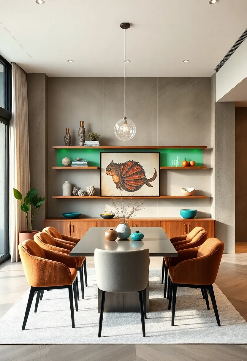 Floating shelves in unexpected colors like emerald green or sapphire blue, making them the centerpiece in a neutral dining room