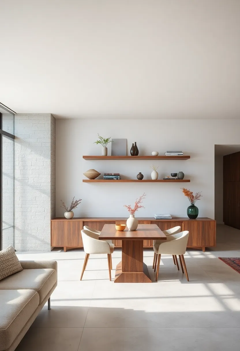 Floating shelves crafted from reclaimed wood, blending rustic charm‍ with modern elegance in a neutral-toned dining area