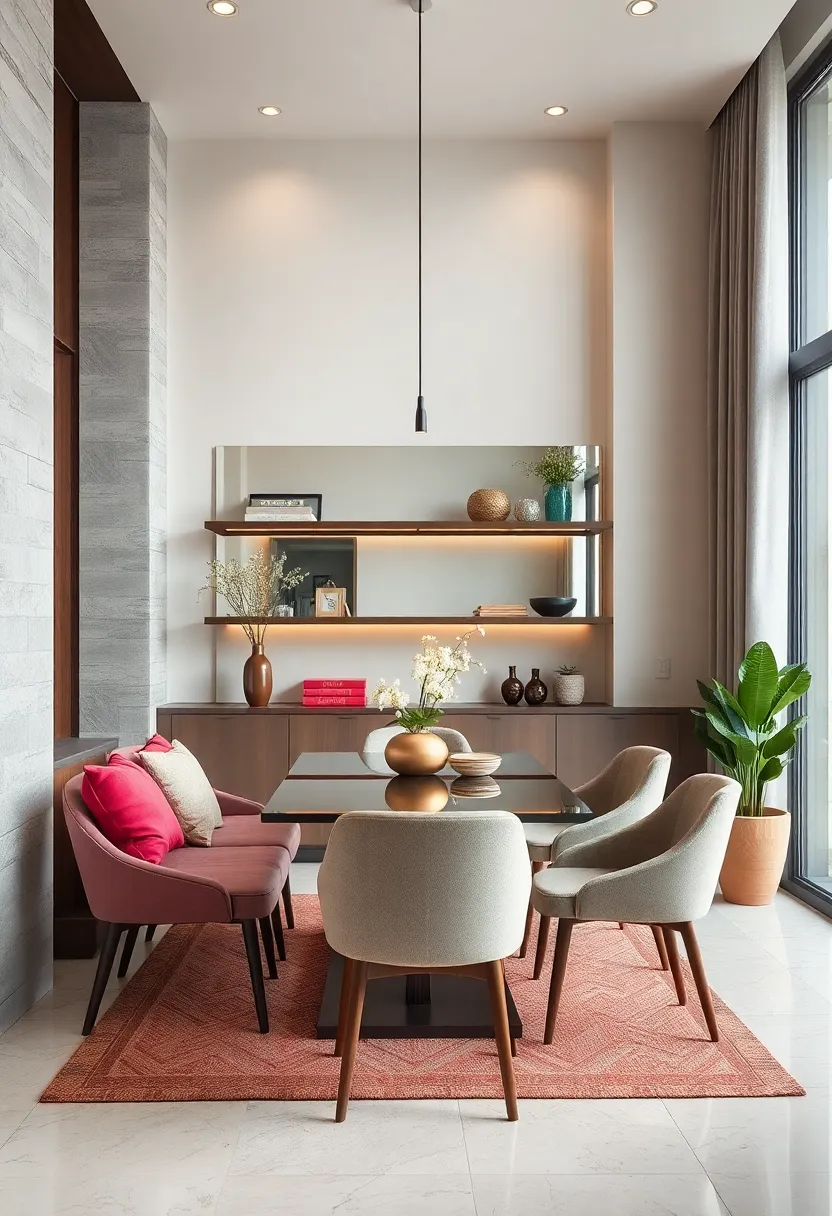 Using floating shelves with mirrored backs⁣ to visually expand a⁣ small dining space while amplifying the luxury feel