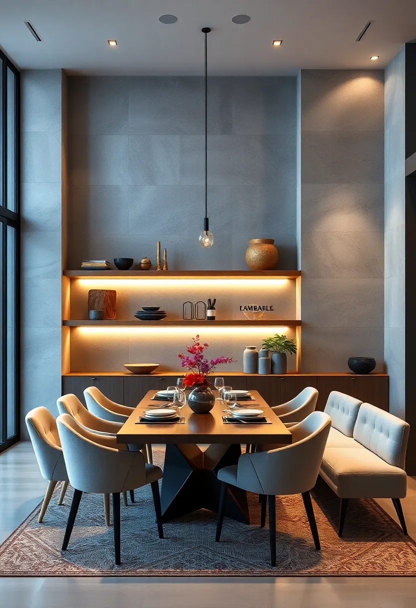 Floating shelves with integrated strip lighting, ​offering both ⁢functional storage and ambient mood-setting for dinners