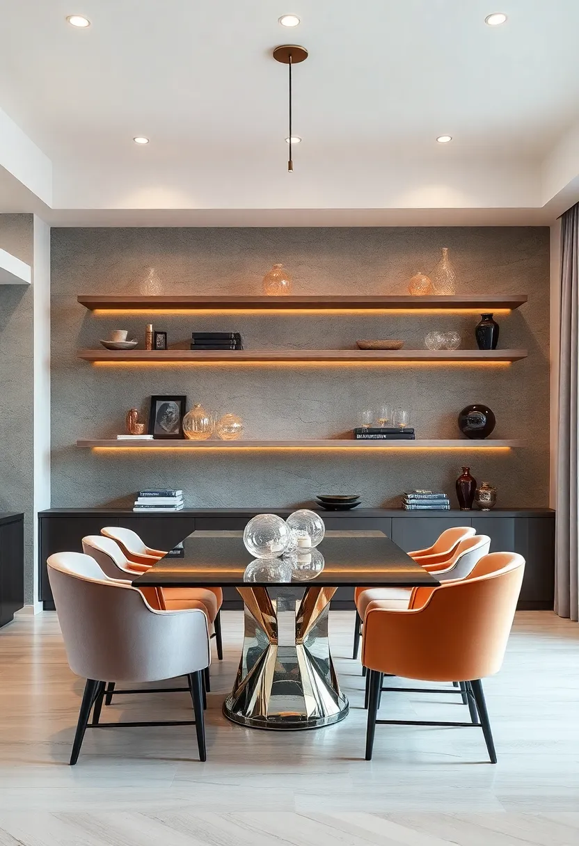 Curved floating shelves,⁢ adding an organic shape to modern dining rooms, filled with minimalistic, sleek dinnerware
