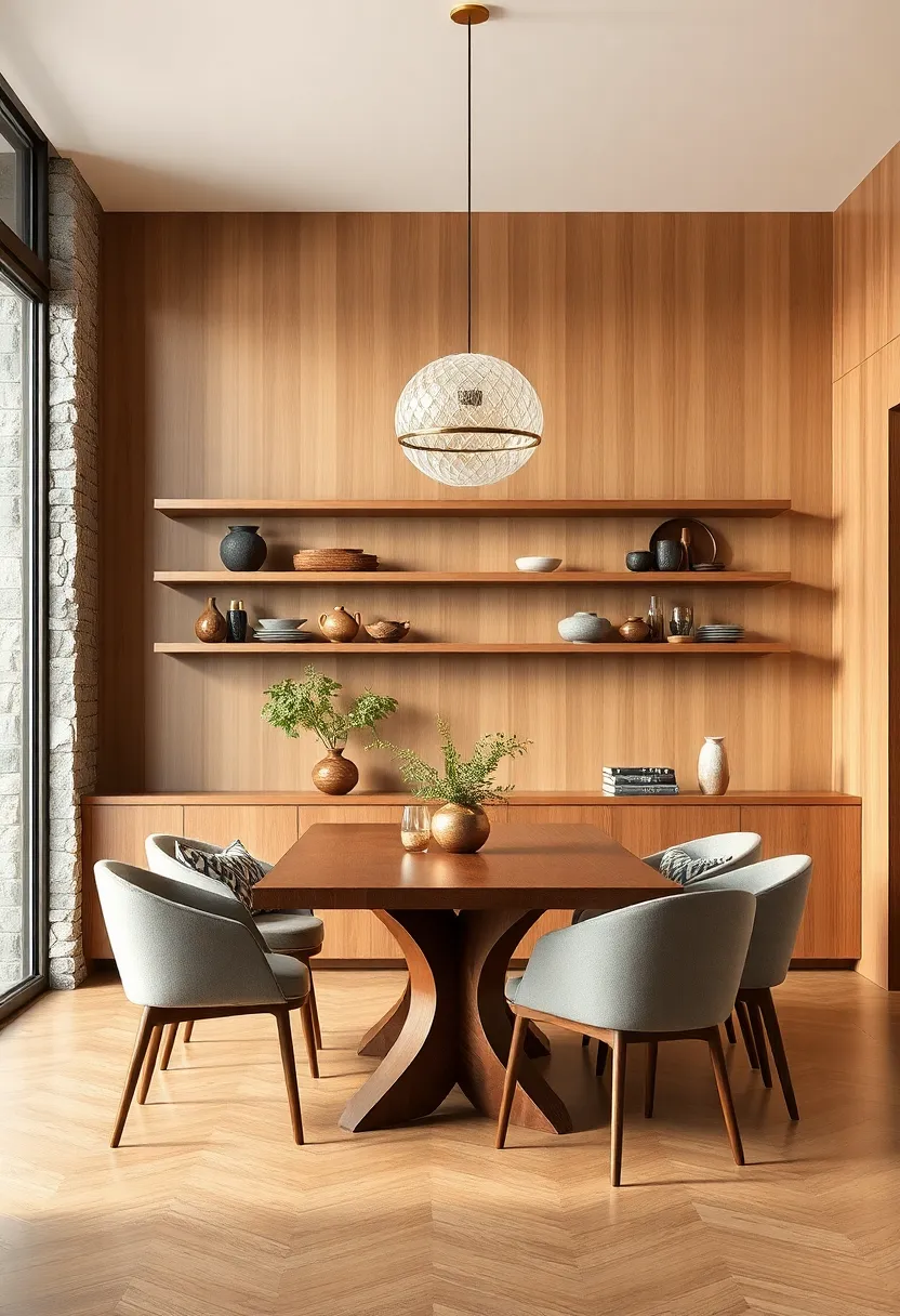 Warm wood tones paired with floating shelves holding artisanal pottery and gold accents for a⁤ cozy ​yet luxurious feel