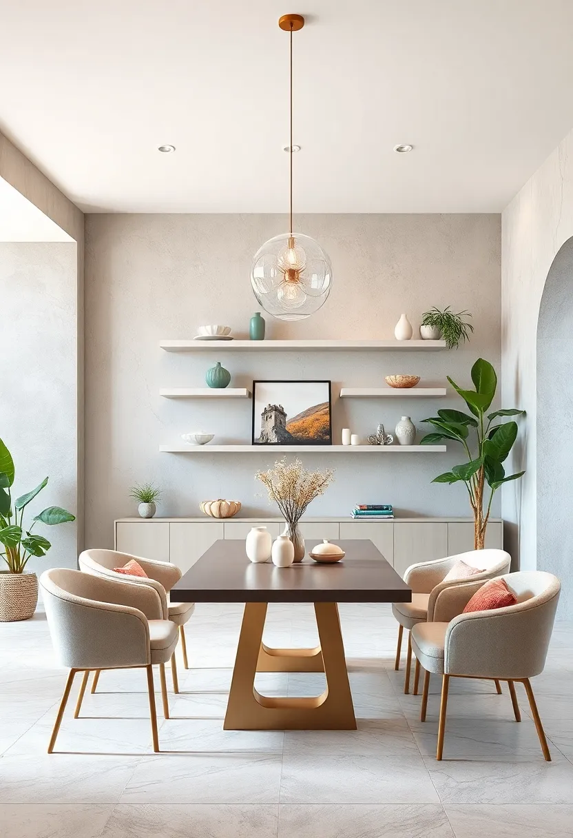 Soft pastel dining room complemented by pastel-hued floating shelves that hold fine⁢ art ceramics and delicate plants