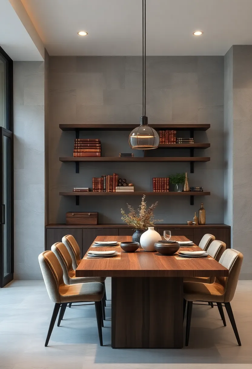 Industrial ⁣modern‌ dining room where floating shelves⁢ with metal brackets hold leather-bound books and raw metal accents