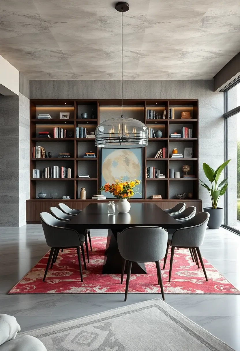 Floating shelves set against a bold wallpaper backdrop,​ showcasing ⁢vibrant art pieces and statement vases