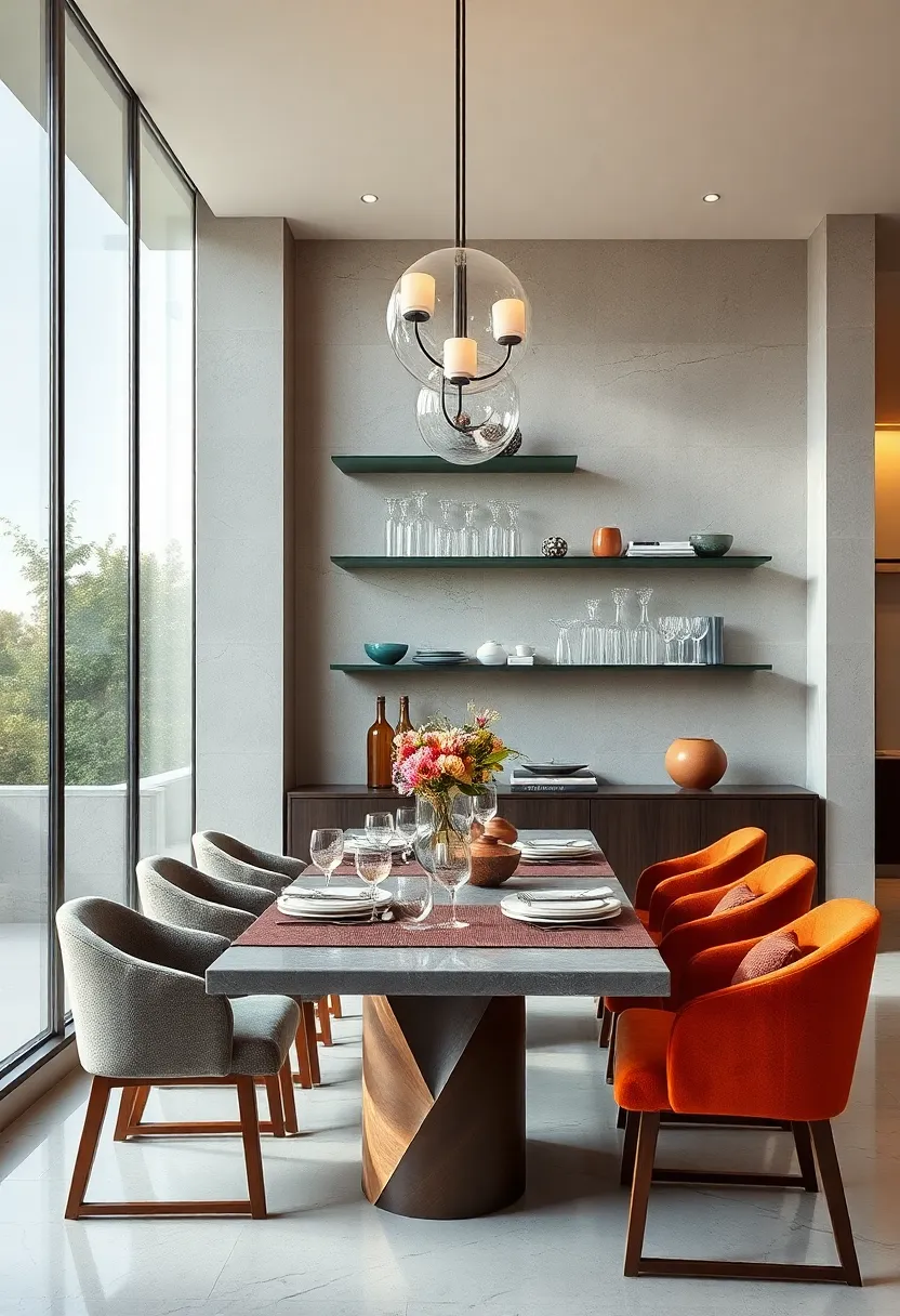 Floating shelves installed near large windows to catch natural light, highlighting shimmering glass decanters and elegant serveware